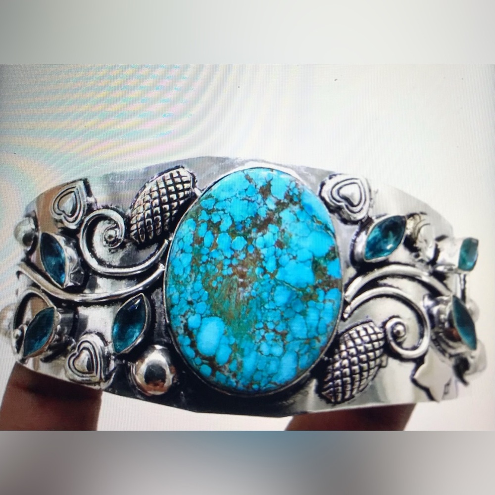 Turquoise Blue Topaz Stamped Solid 925 Sterling Silver Cuff Bracelet